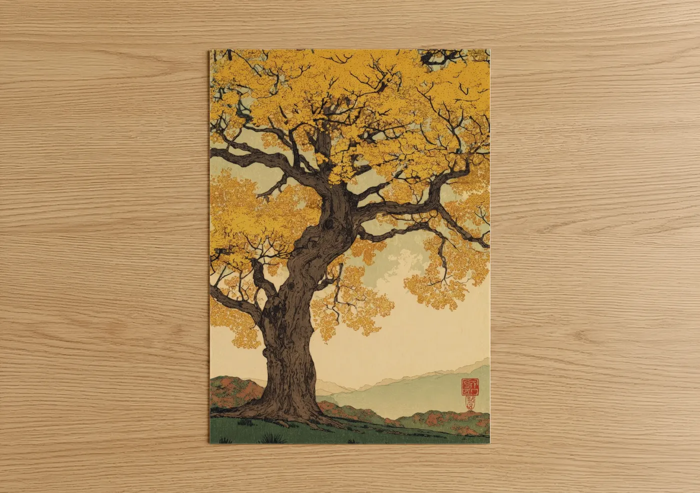 Golden Linden Tree Japanese Woodblock Wall Art