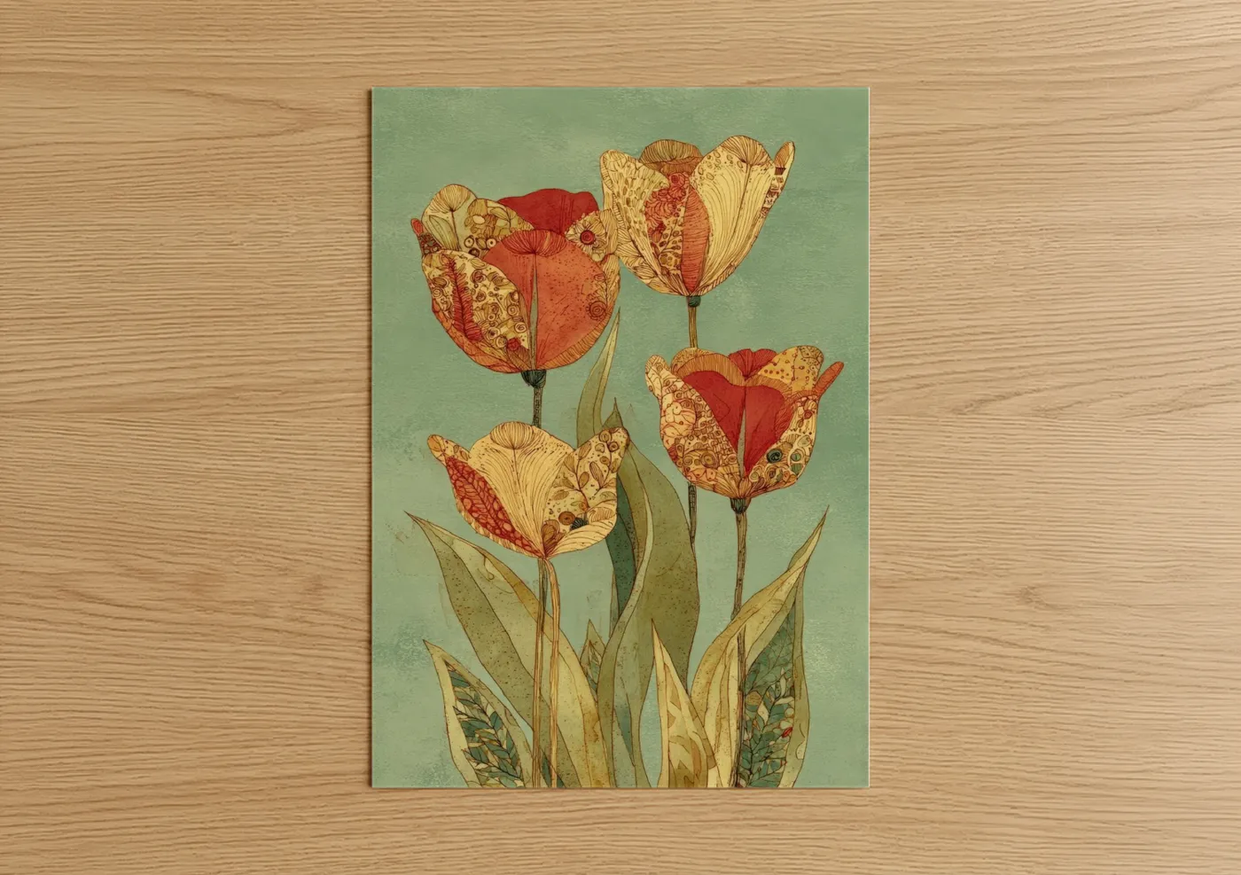 Art print on warm oak wood — sage green and gold palette — Ornate Tulips poster