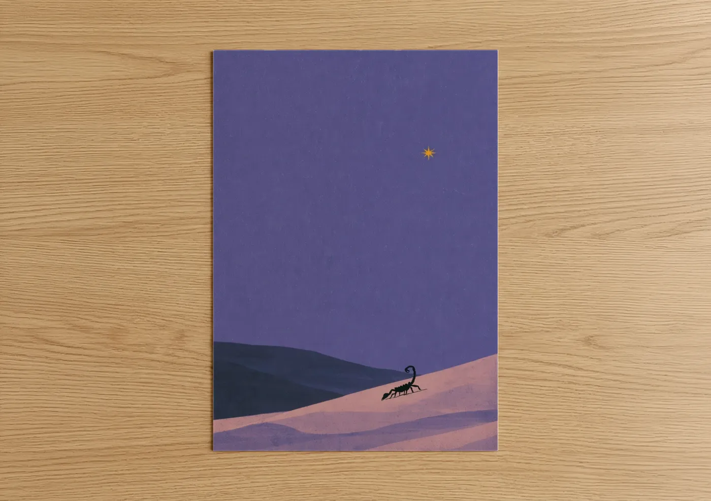 Art print on warm oak wood — purple and rose gold palette — Desert Scorpio poster