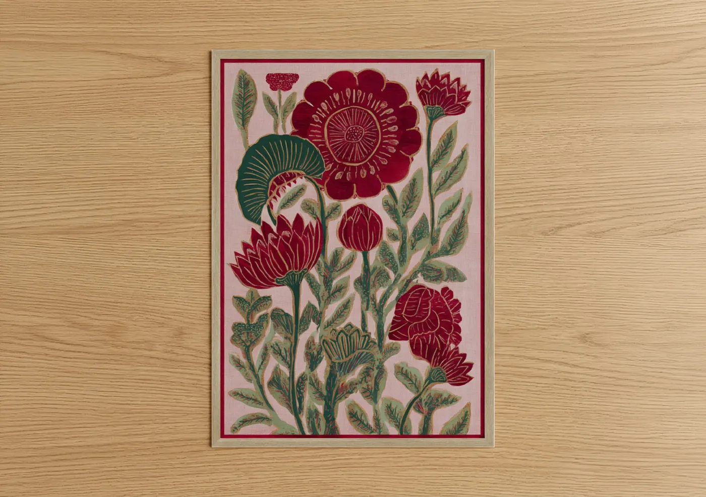 Abstract flower art print on warm oak wood — maroon and rose gold palette — Ornamental Floral Study poster