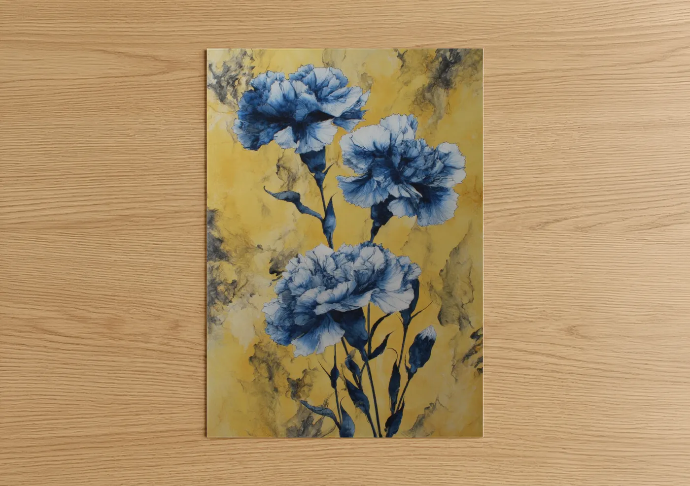 Carnations art print on warm oak wood — blue and yellow gold palette — Blue Carnation Elegance poster