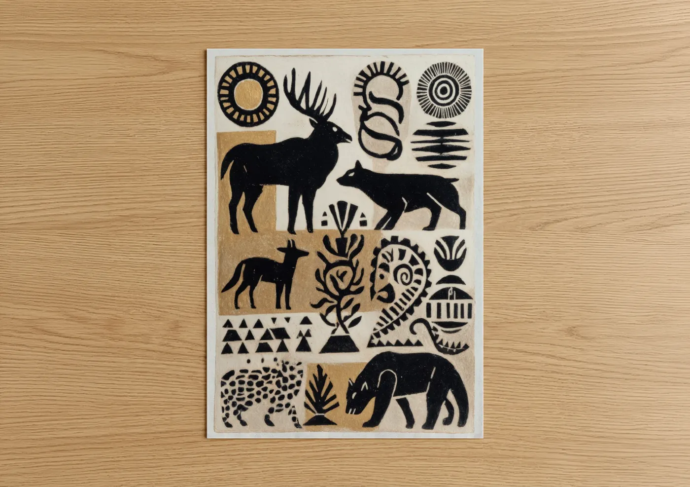 Abstract traditional art print on warm oak wood — black and gold and cream palette — Wildlife Symbols poster