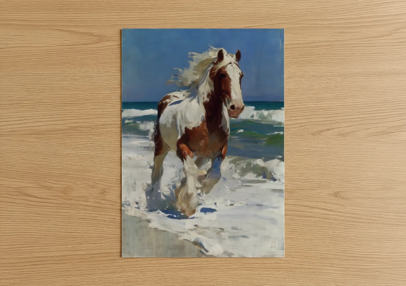 Clydesdale horse art print on warm oak wood — blue and white palette — Coastal Clydesdale poster