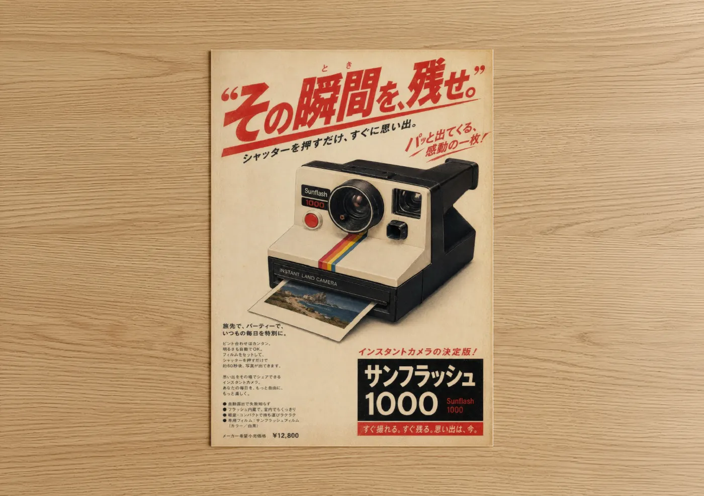 Vintage japanese ads art print on warm oak wood — beige and red palette — Vintage Japanese Polaroid Camera Wall Art poster