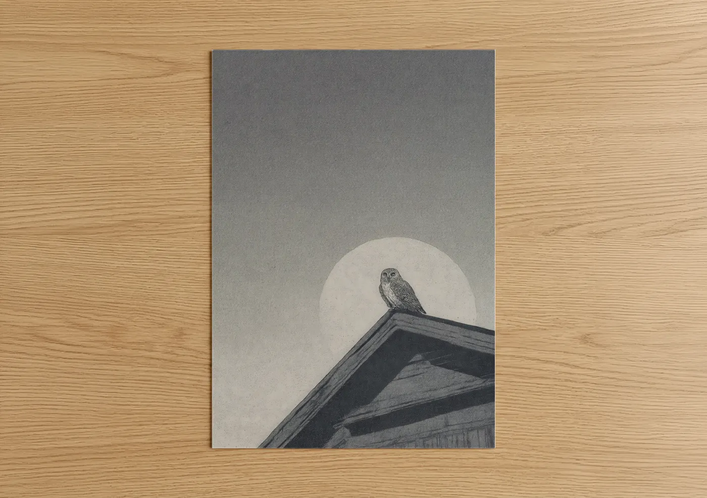 Art print on warm oak wood — gray and black and white palette — Nocturnal Pantheon poster