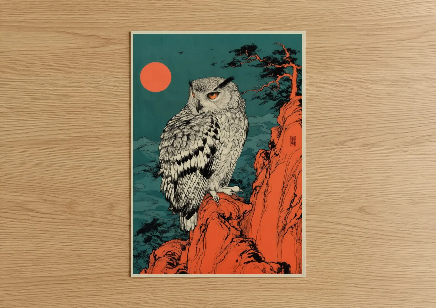 Owl Night Moon Japanese Woodblock Wall Art