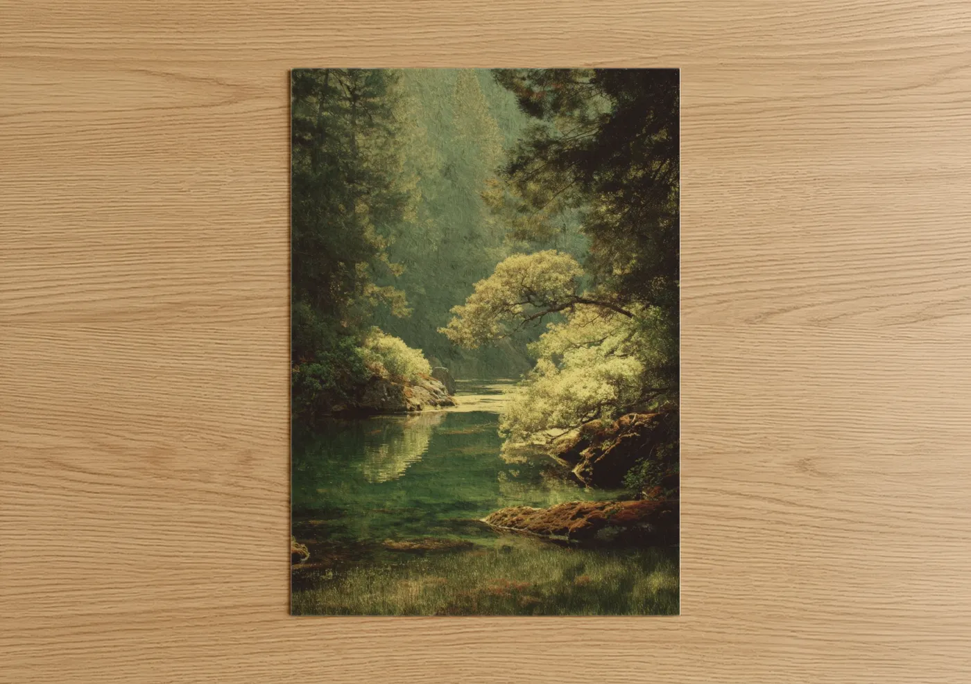 Lakes art print on warm oak wood — light green and gold palette — Sunlit Forest Lake poster