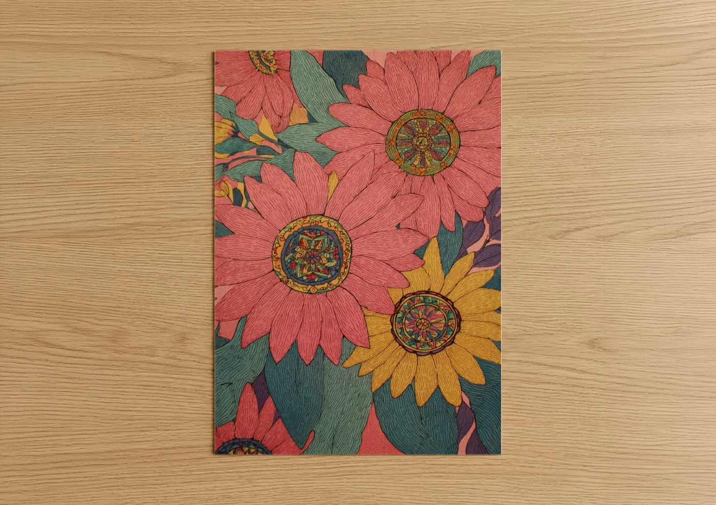 Art print on warm oak wood — salmon pink and gold palette — Coral Daisy Garden poster