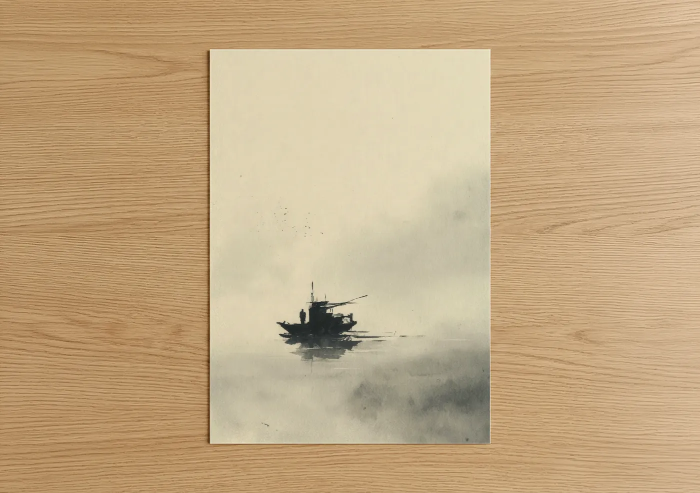 Misty Warship Ocean Watercolor Wall Art