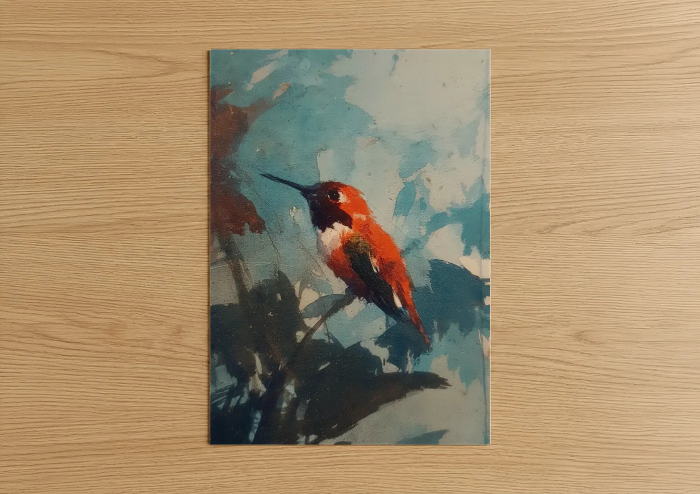 Art print on warm oak wood — teal and red palette — Crimson Hummingbird poster