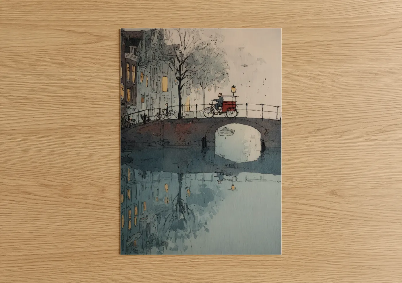 Rickshaw Canal Bridge Watercolor Illustration Wall Art