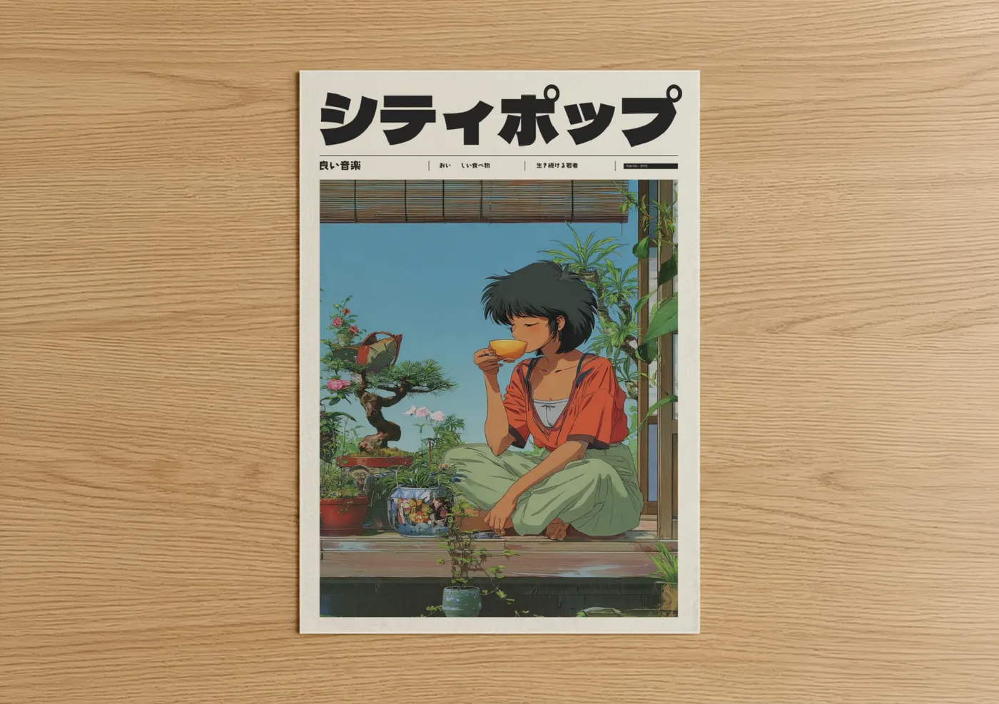 Anime Girl Drinking Tea Garden Illustration Wall Art