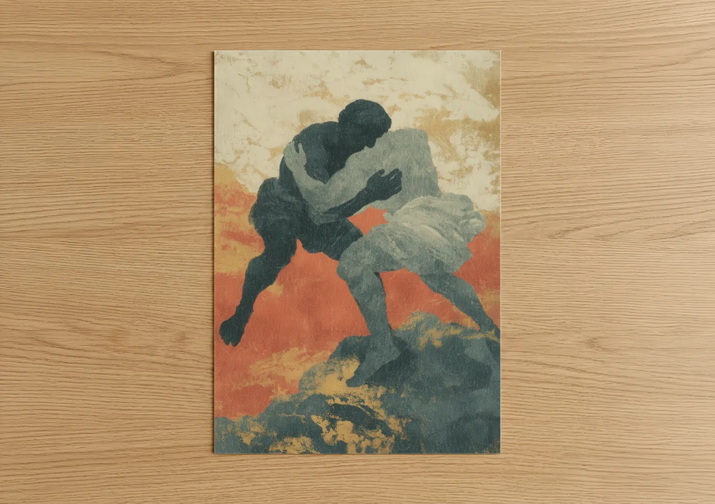 Art print on warm oak wood — cream and russet palette — Vintage Wrestling Match poster
