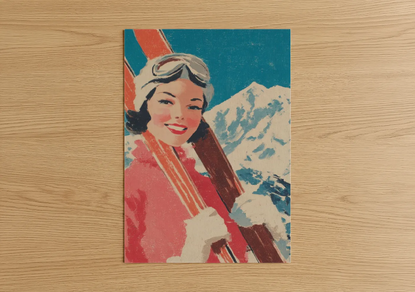 Skiing art print on warm oak wood — teal palette — Vintage Ski Girl poster