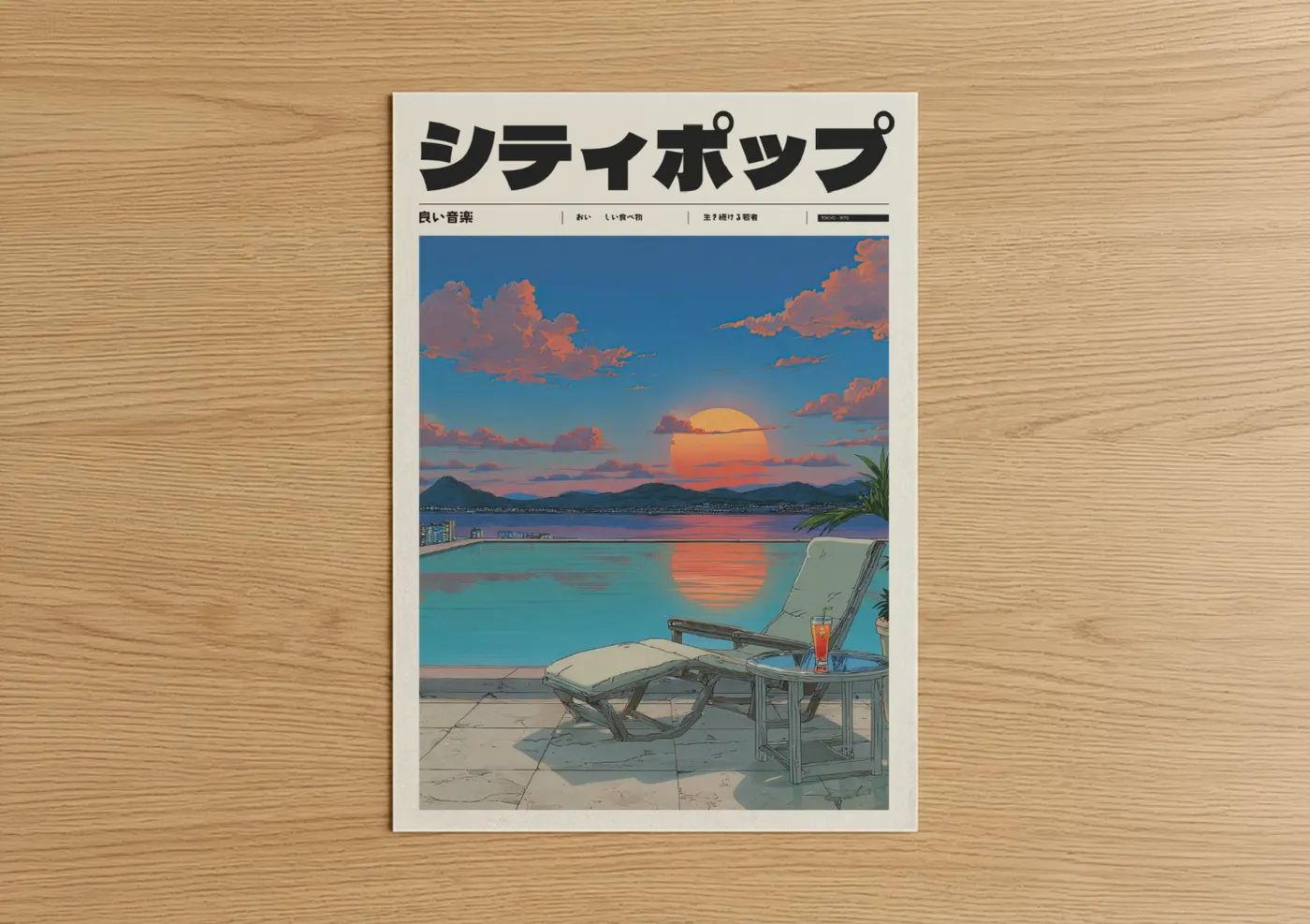 Anime and manga art print on warm oak wood — gold and turquoise palette — Sunset Lounge poster