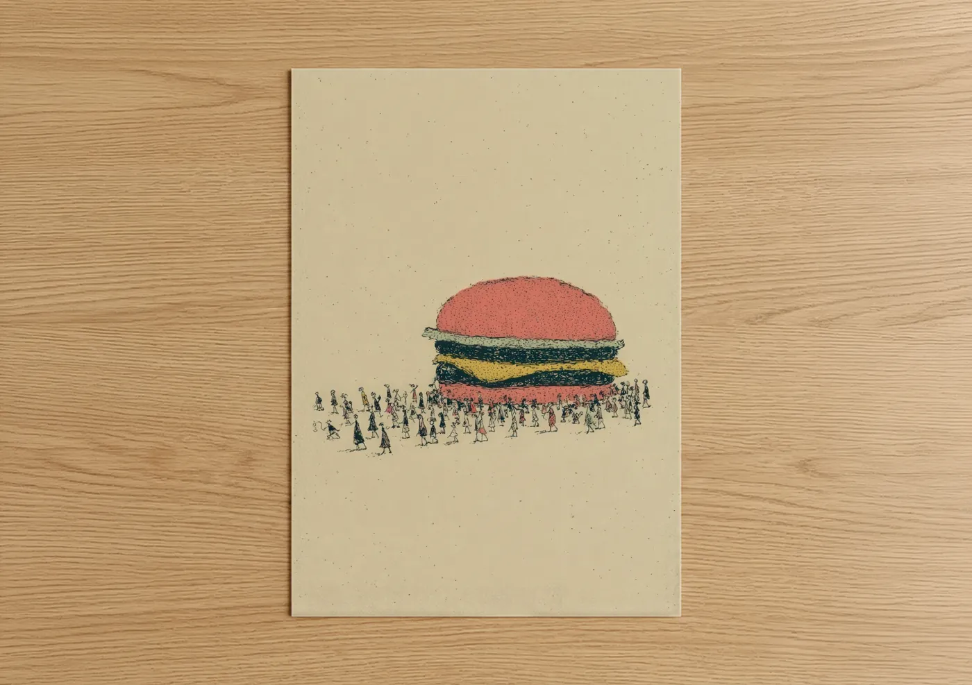 Fast food art print on warm oak wood — salmon pink and gold palette — Crowd Burger poster