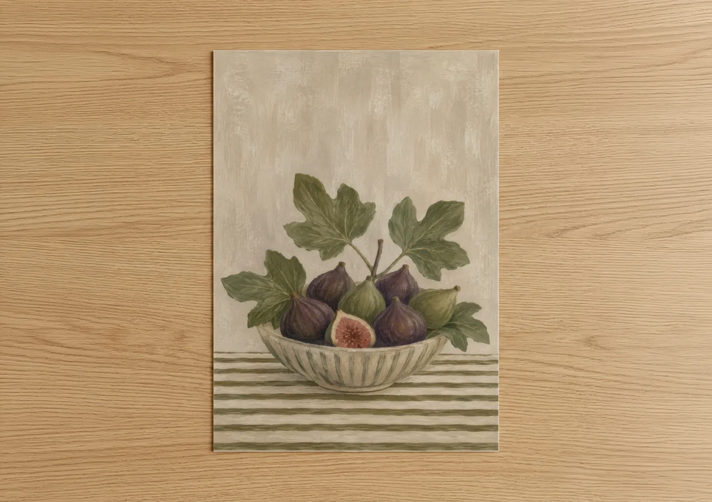 Fruit trees art print on warm oak wood — beige and olive palette — Vintage Fig Bowl Still Life Wall Art poster