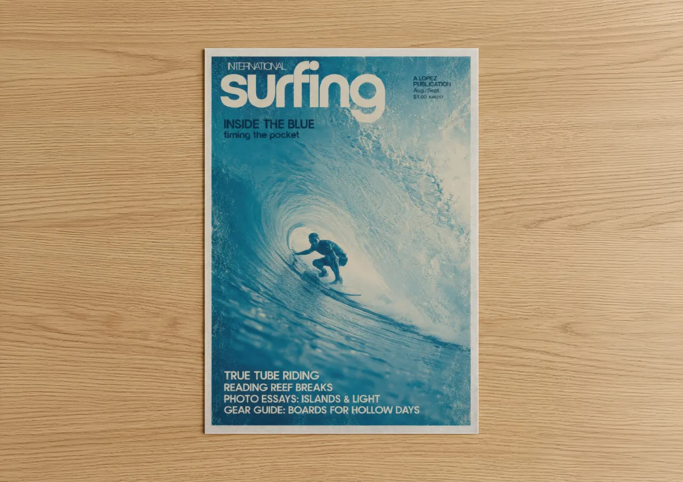 Water surfing art print on warm oak wood — blue and turquoise palette — Vintage Surfing Magazine Cover Wall Art poster