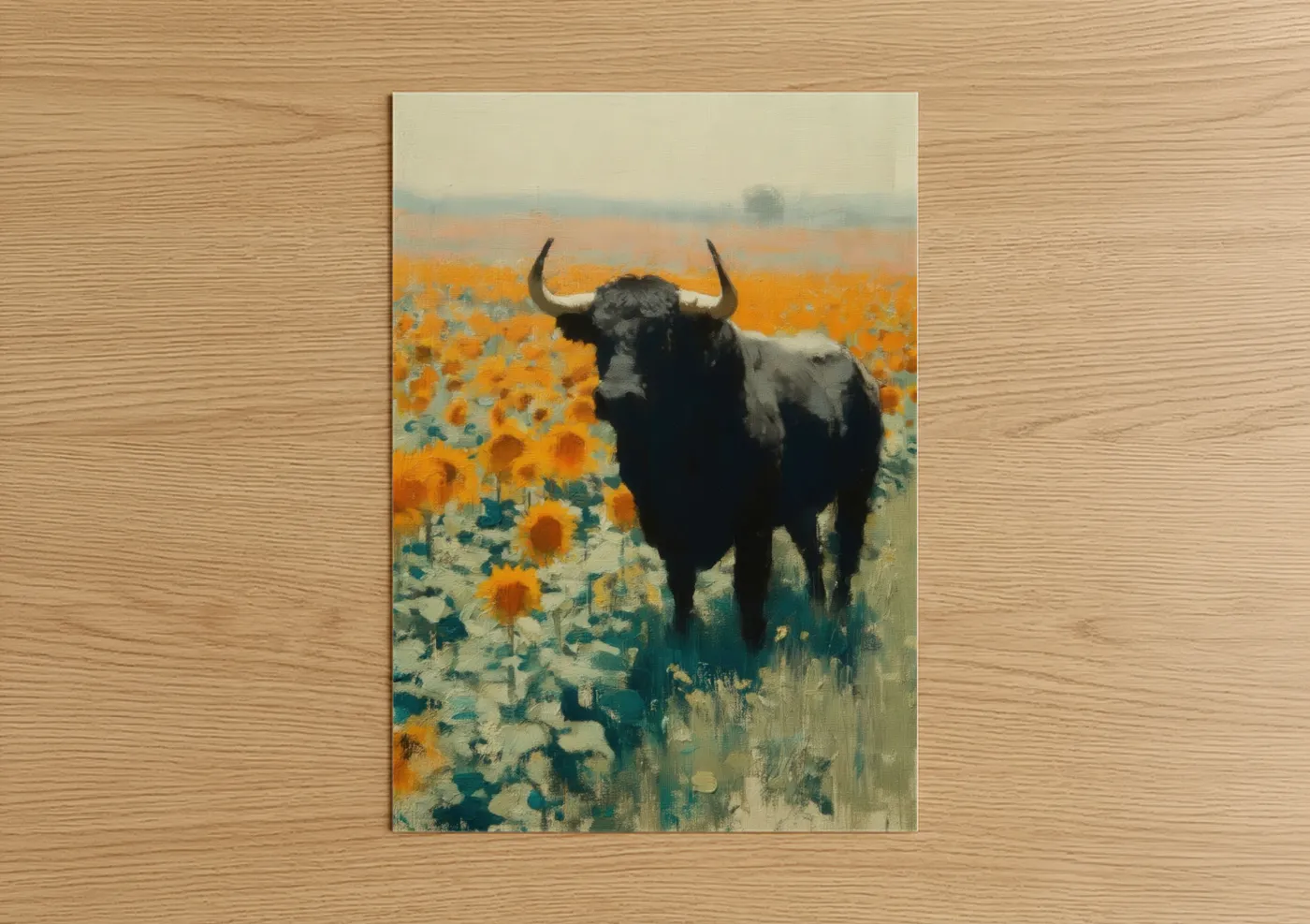 Black Bull Sunflower Field Painting Wall Art