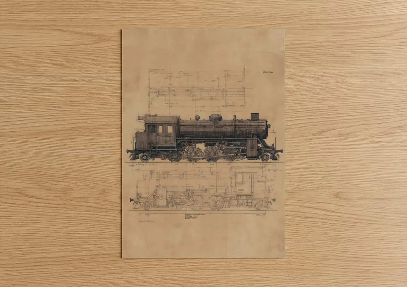 Vintage Steam Locomotive Blueprint Illustration Wall Art