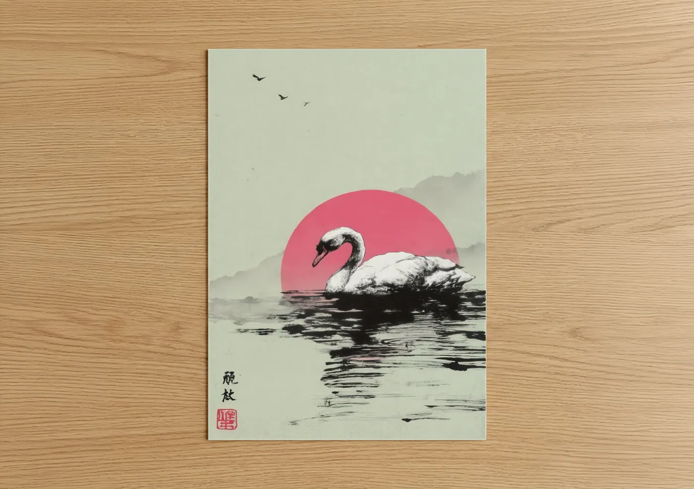 Art print on warm oak wood — magenta and gray and white palette — Crimson Swan poster