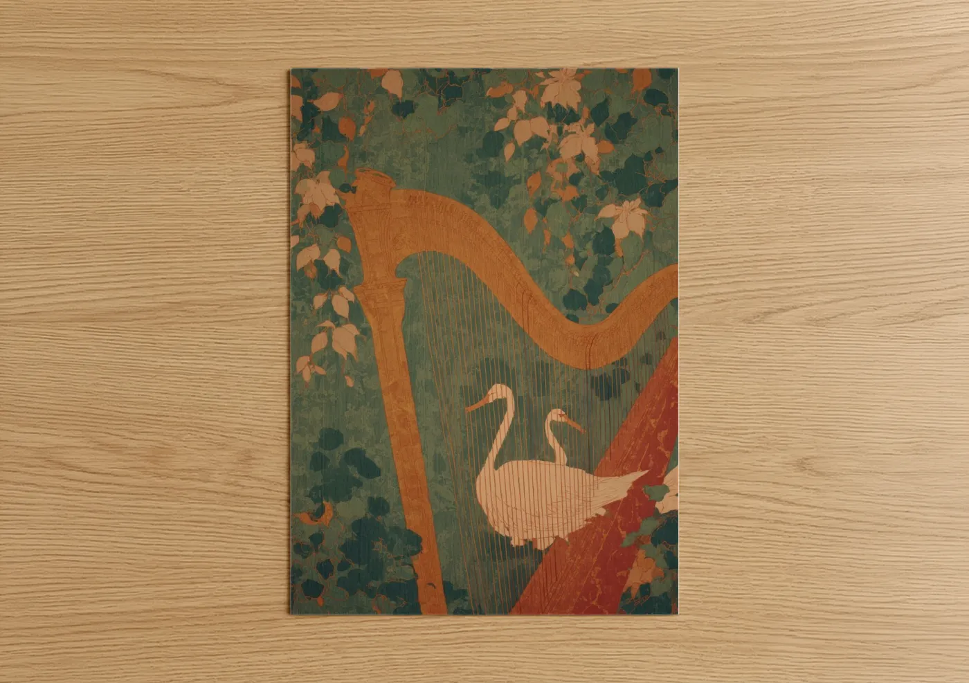 Art print on warm oak wood — orange and dark green palette — Autumn Harp poster