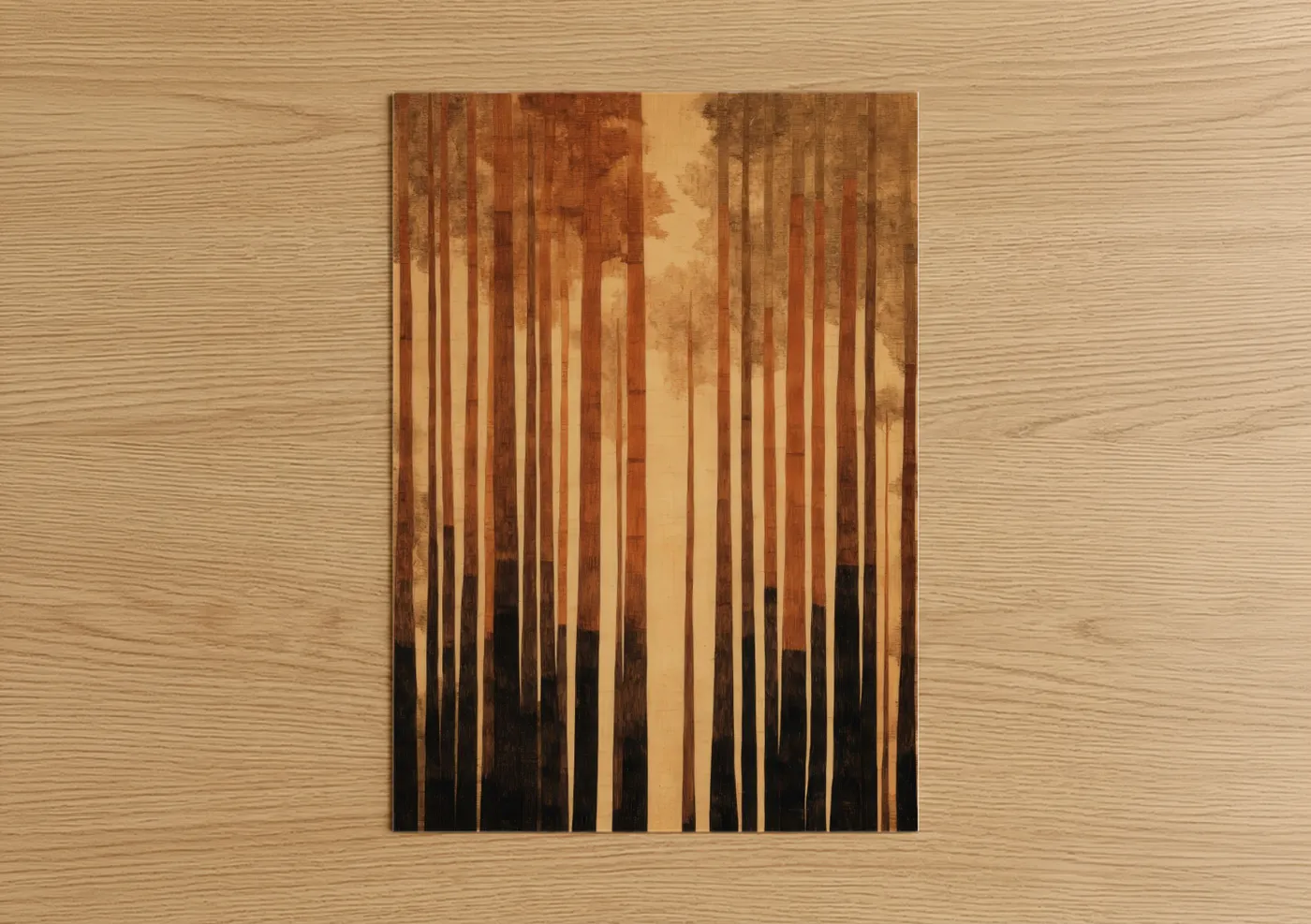 Art print on warm oak wood — gold and black palette — Misty Cedar Forest poster