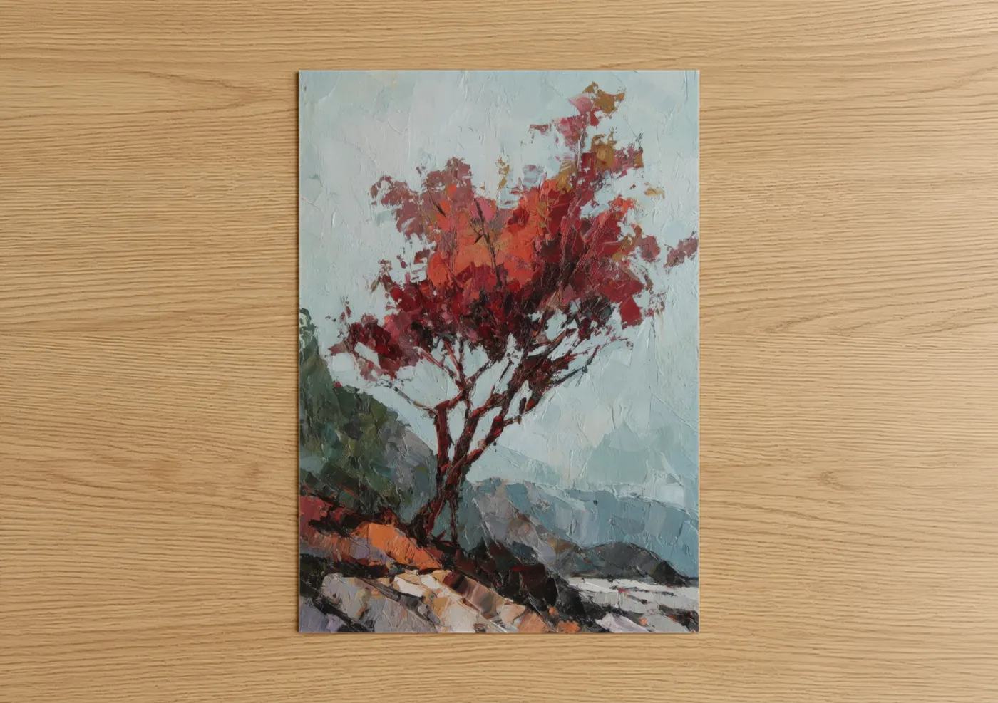 Arbutus tree art print on warm oak wood — red and blue and gray palette — Crimson Arbutus poster