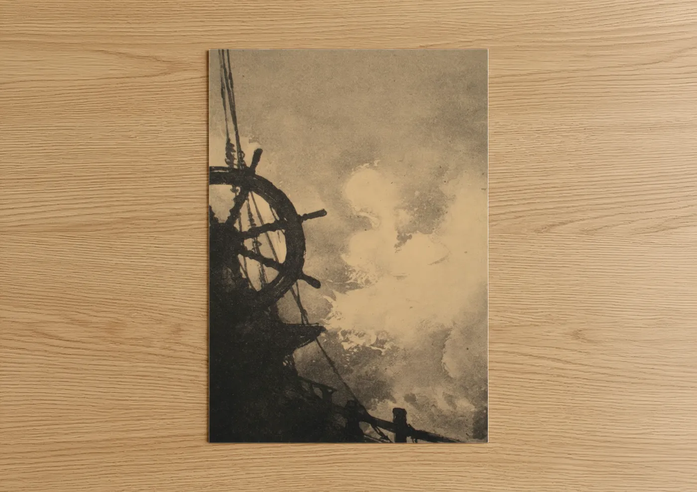 Art print on warm oak wood — cream and black palette — Stormy Shipwheel poster