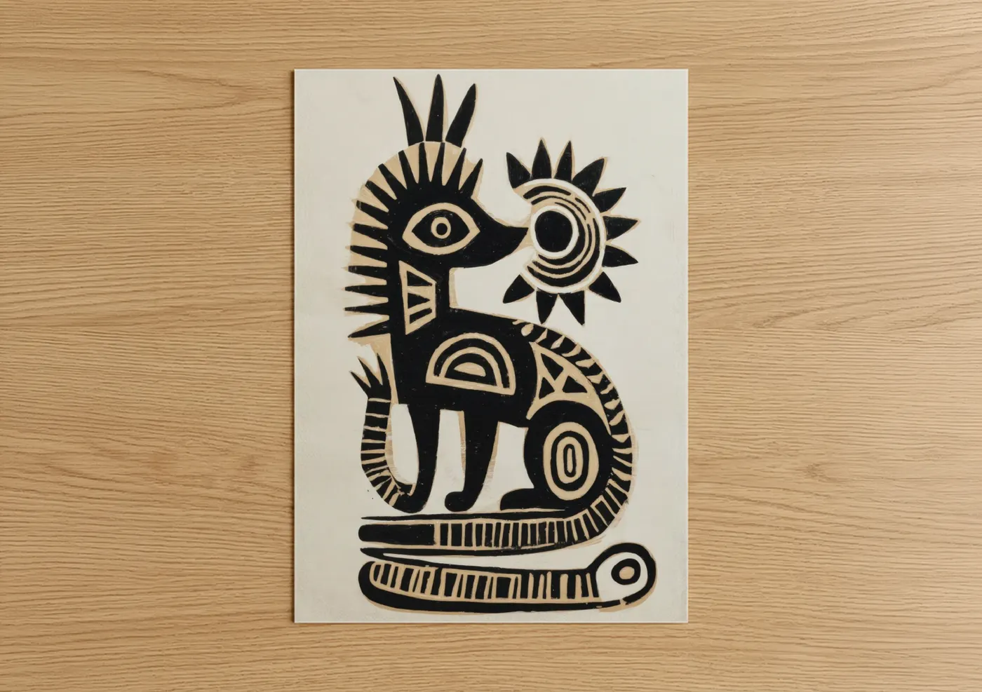 Abstract traditional art print on warm oak wood — black and cream palette — Celestial Guardian poster