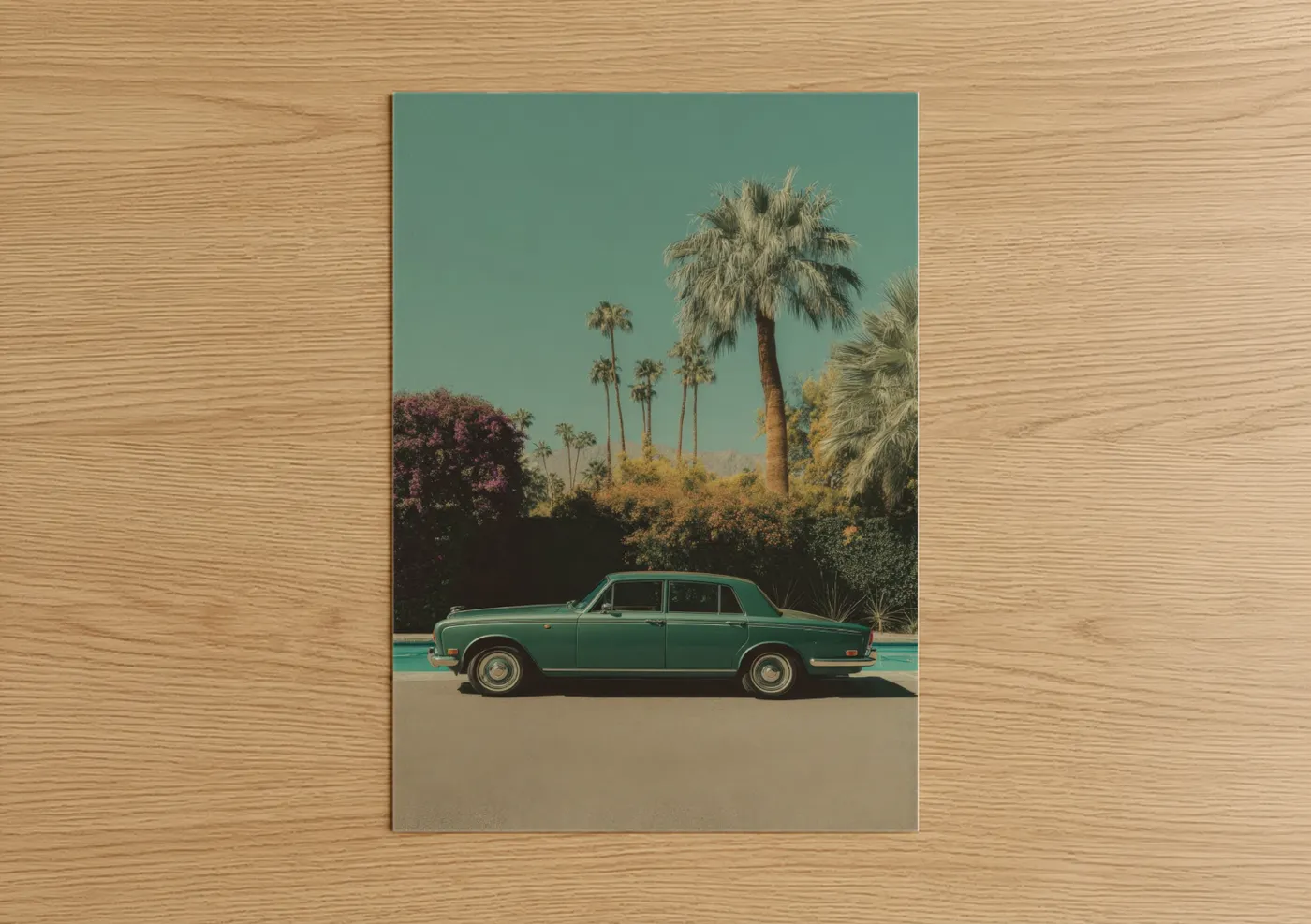 Classic car art print on warm oak wood — turquoise and cream palette — Turquoise Getaway poster