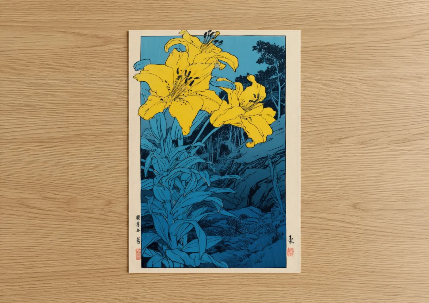 Amarillys art print on warm oak wood — yellow gold and blue palette — Golden Amaryllis poster