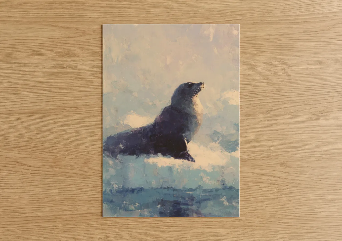 Art print on warm oak wood — cream and blue and white palette — Coastal Sea Lion poster