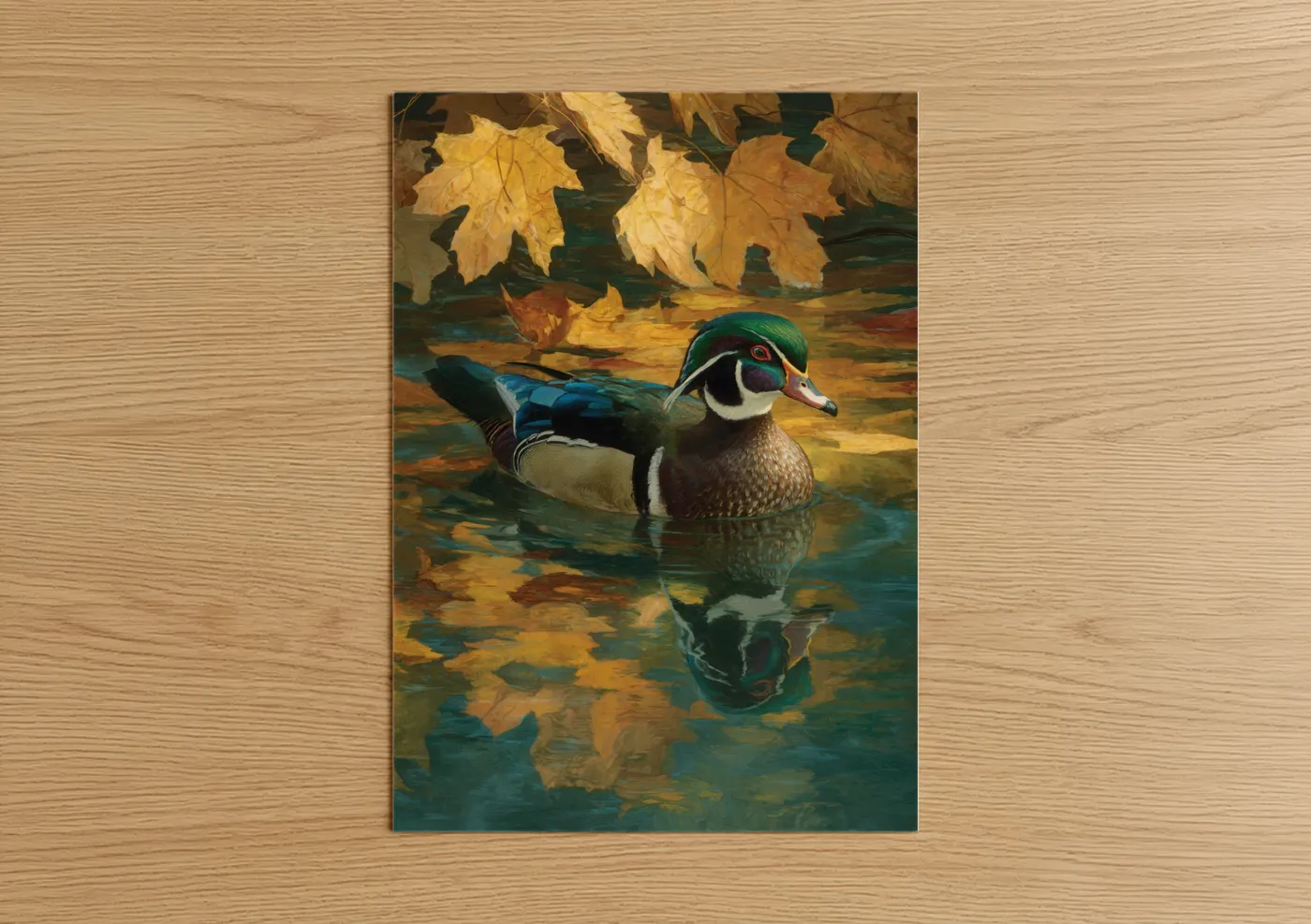 Ducks art print on warm oak wood — gold and teal palette — Autumn Wood Duck poster