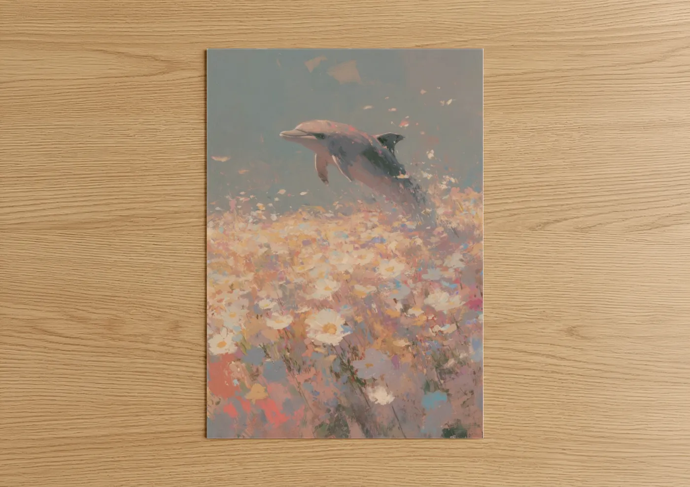 Dolphins art print on warm oak wood — peach and blue palette — Dreaming Dolphin poster