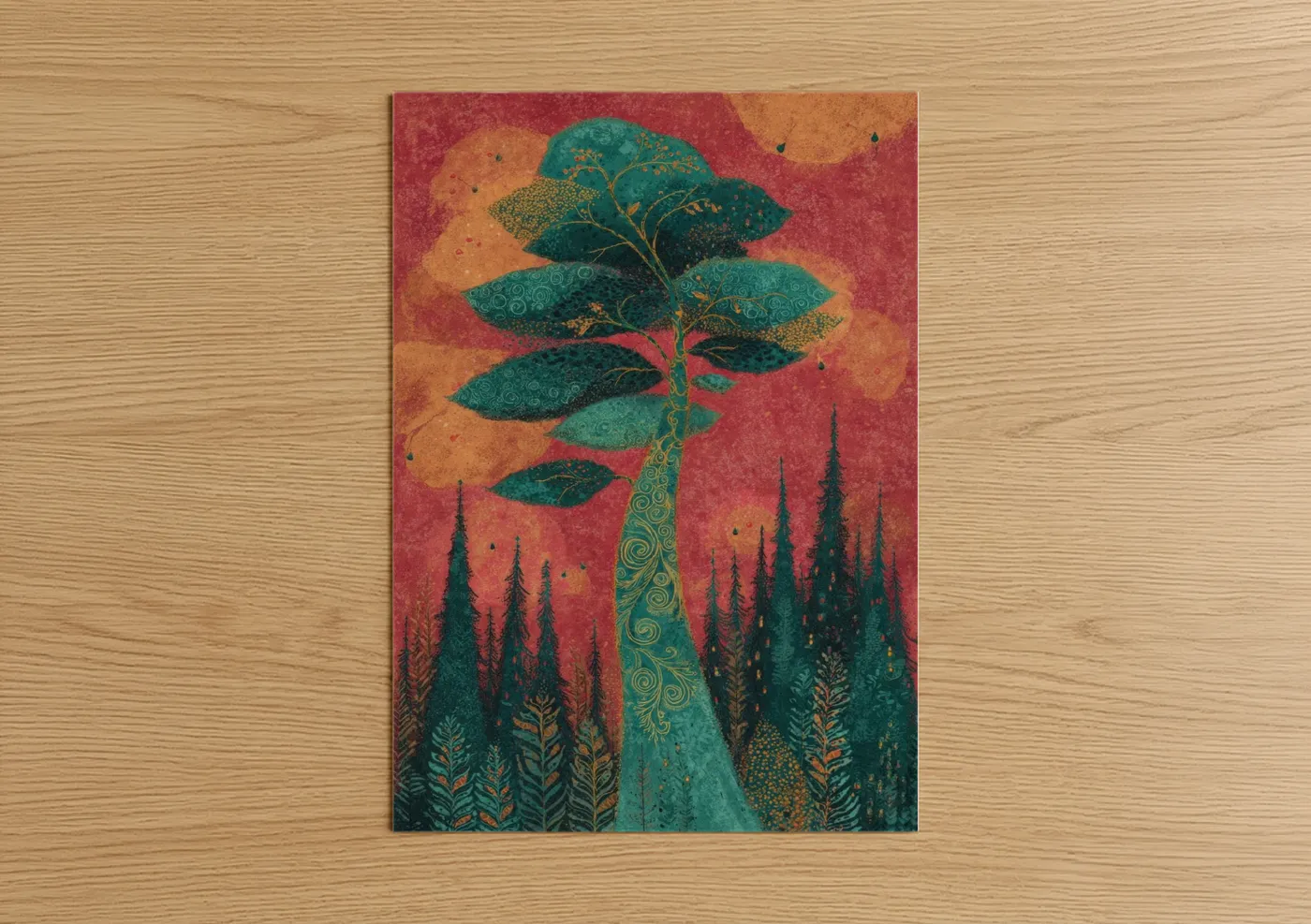 Crimson Cedar Tree Forest Illustration Wall Art