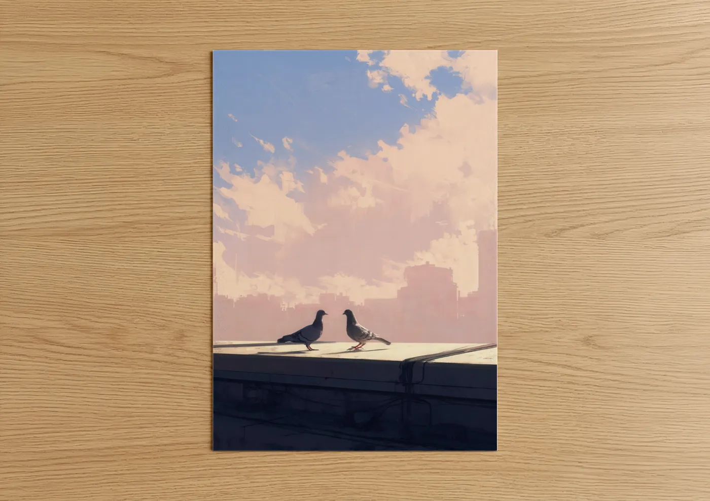 Urban Pigeons Rooftop Sunset Wall Art