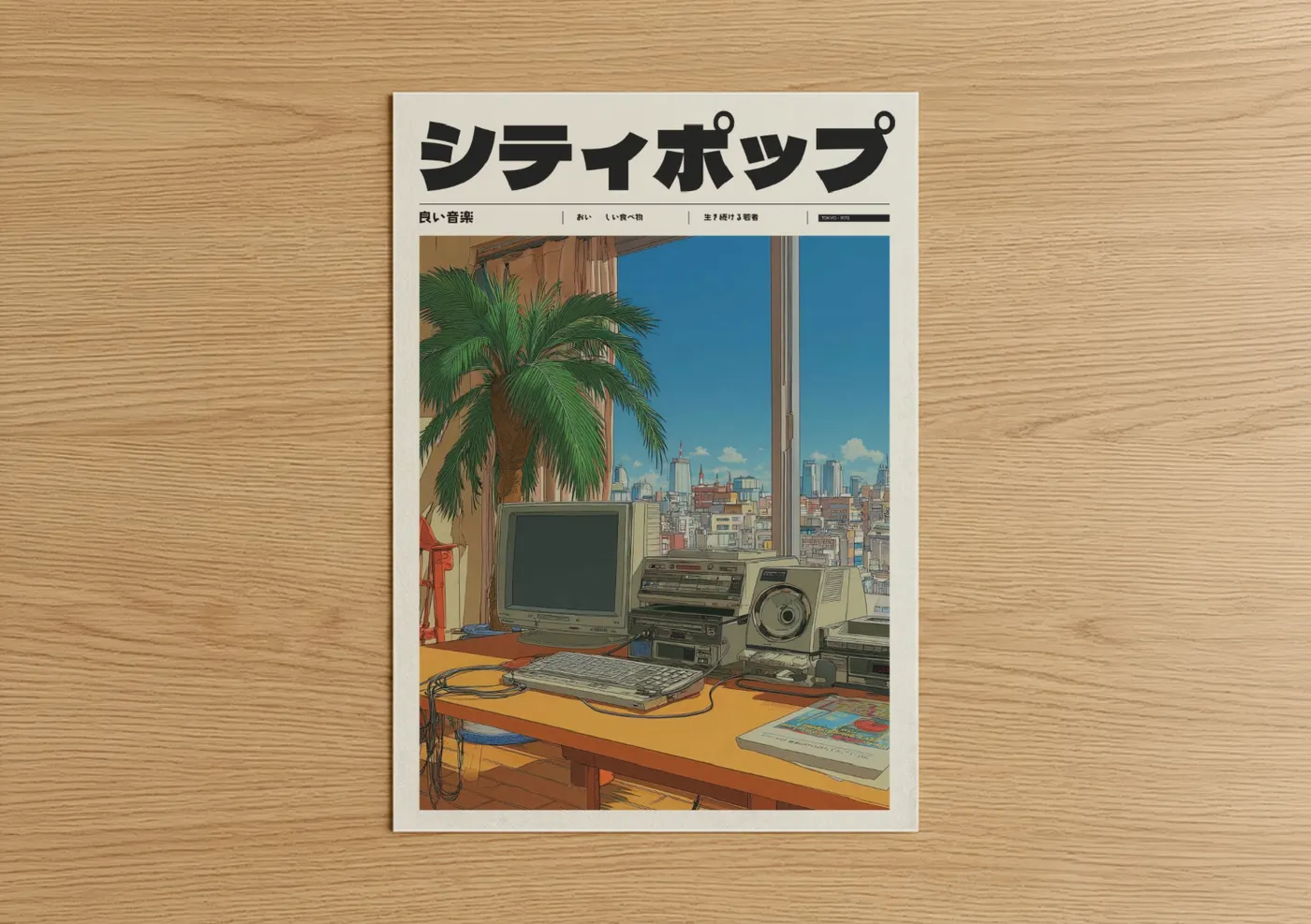 Anime and manga art print on warm oak wood — gold and blue palette — Retro Cyberpunk Studio poster