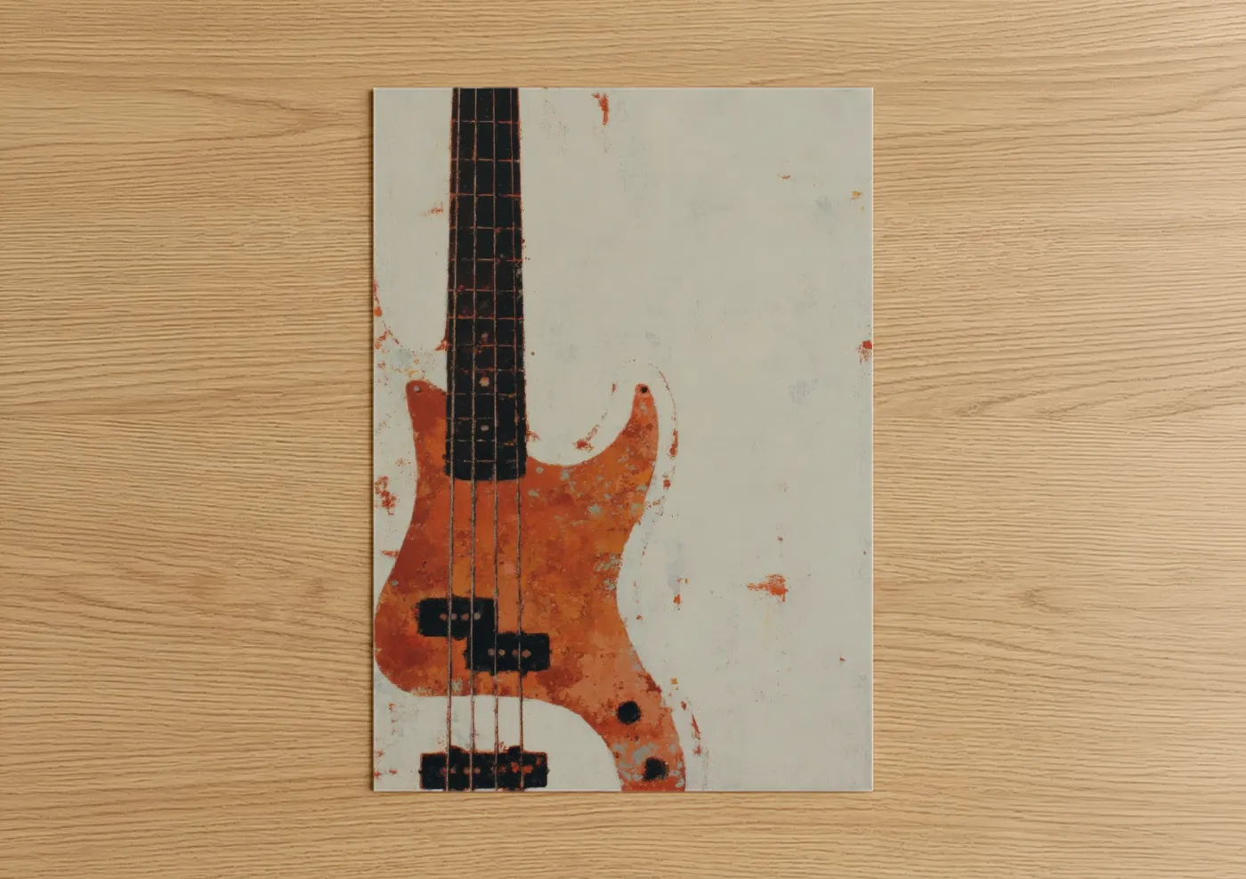 Art print on warm oak wood — cream palette — Rustic Bass Guitar poster