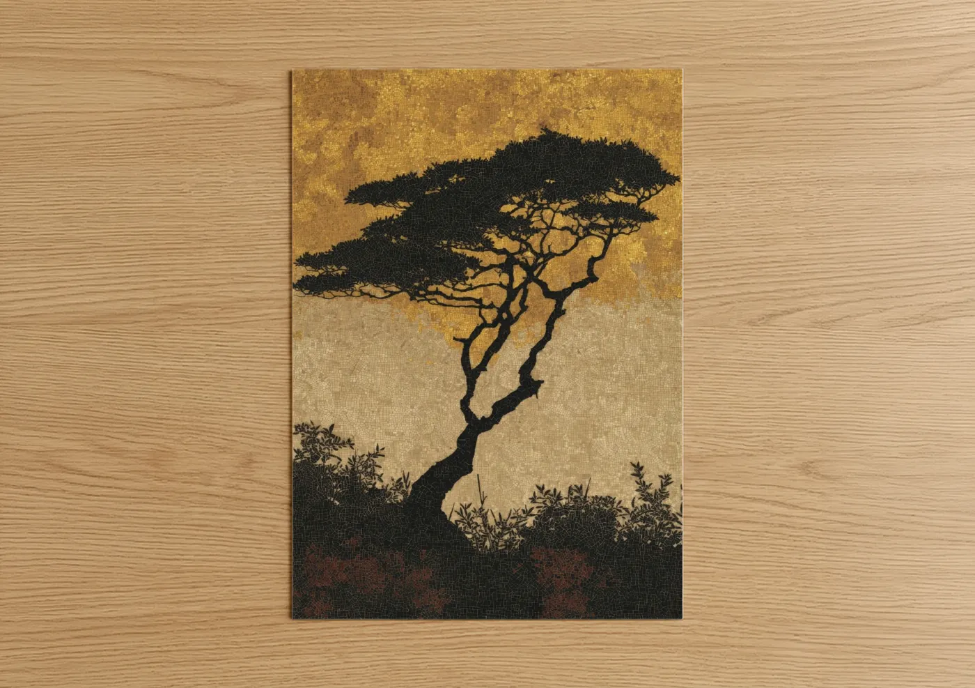 Savanna and desert trees art print on warm oak wood — gold and black palette — Windswept Acacia poster