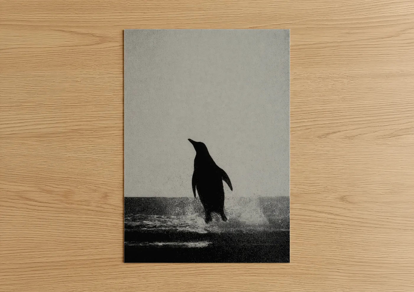 Black and White Penguin Ocean Wave Wall Art