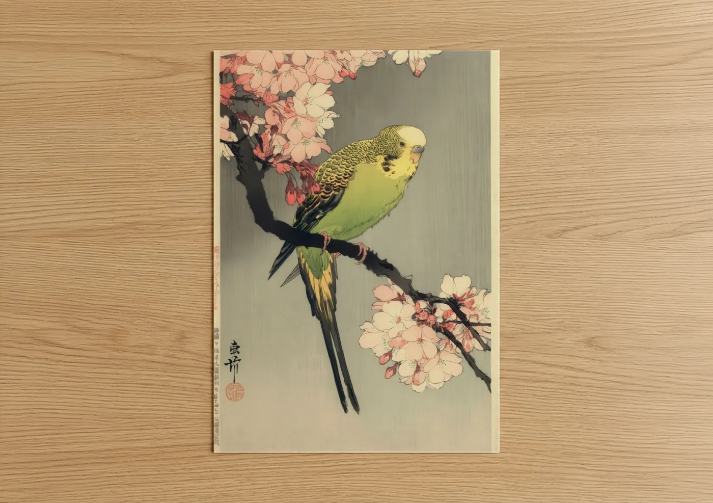 Budgeridar art print on warm oak wood — cream and light green palette — Cherry Blossom Parakeet poster