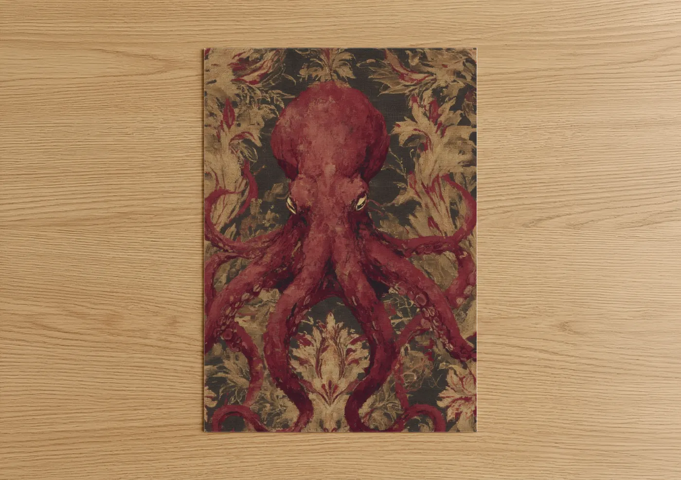 Art print on warm oak wood — maroon and gold palette — Crimson Octopus Damask poster