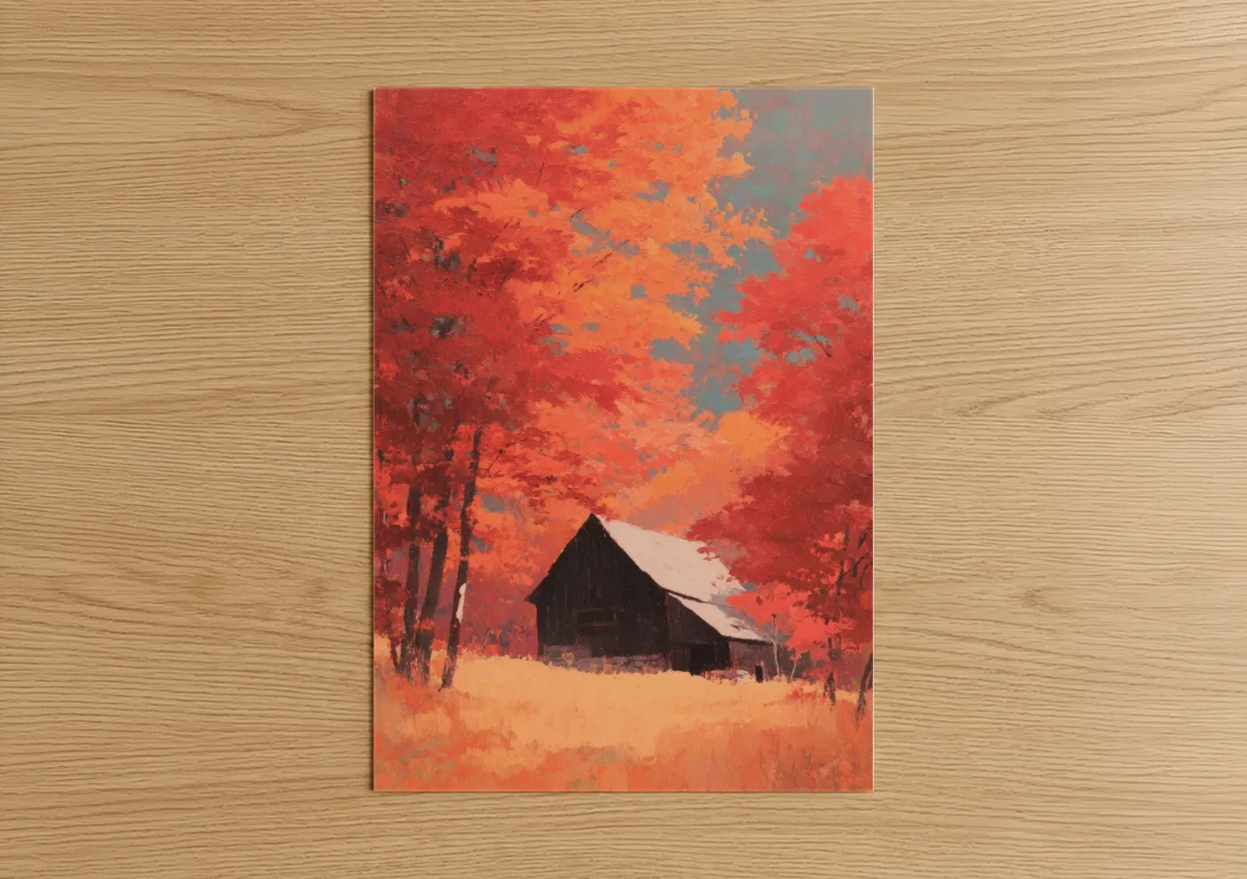 Crimson Autumn Barn Landscape Wall Art