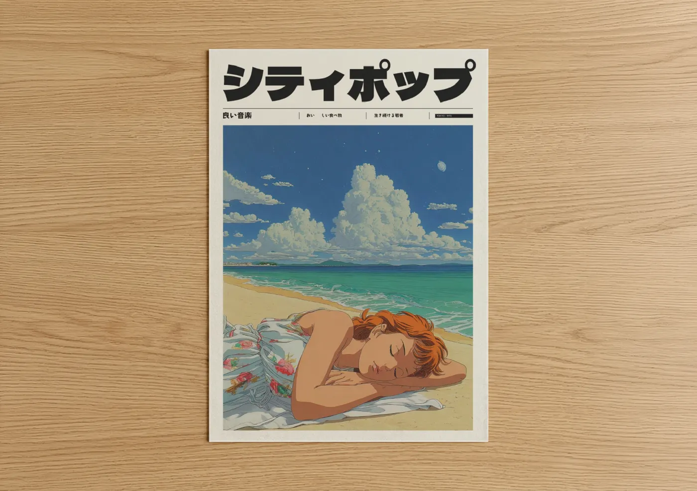 Anime and manga art print on warm oak wood — blue and cream palette — Seaside Dreamer poster