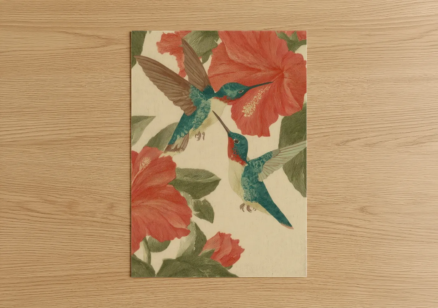 Animals in love art print on warm oak wood — red and teal palette — Hummingbird Romance poster