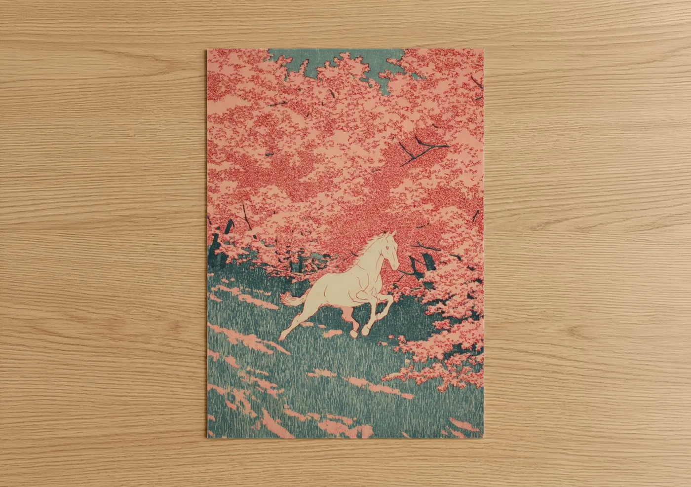 Horse Racing Cherry Blossom Art Print Wall Art
