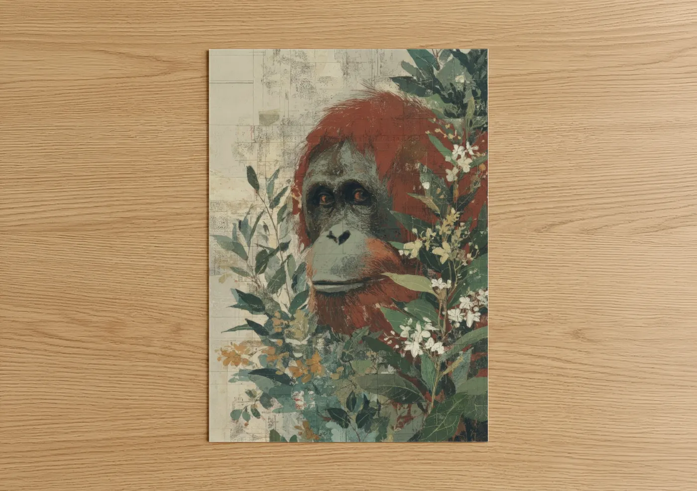 Art print on warm oak wood — russet and dark green palette — Russet Orangutan Portrait poster