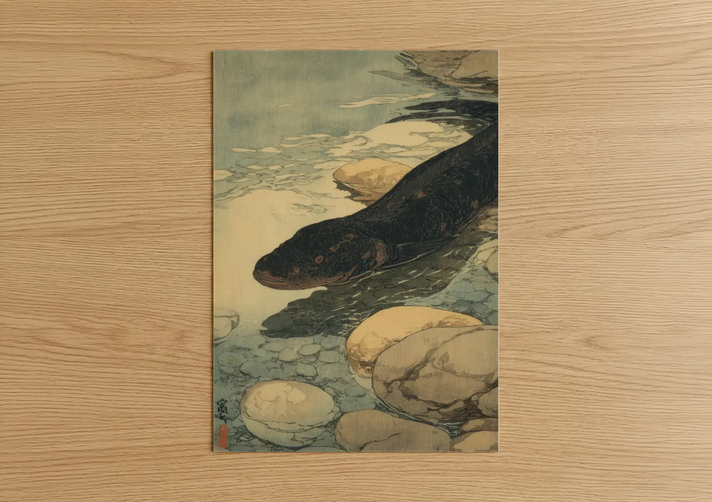 Art print on warm oak wood — beige and blue palette — Riverside Eels poster