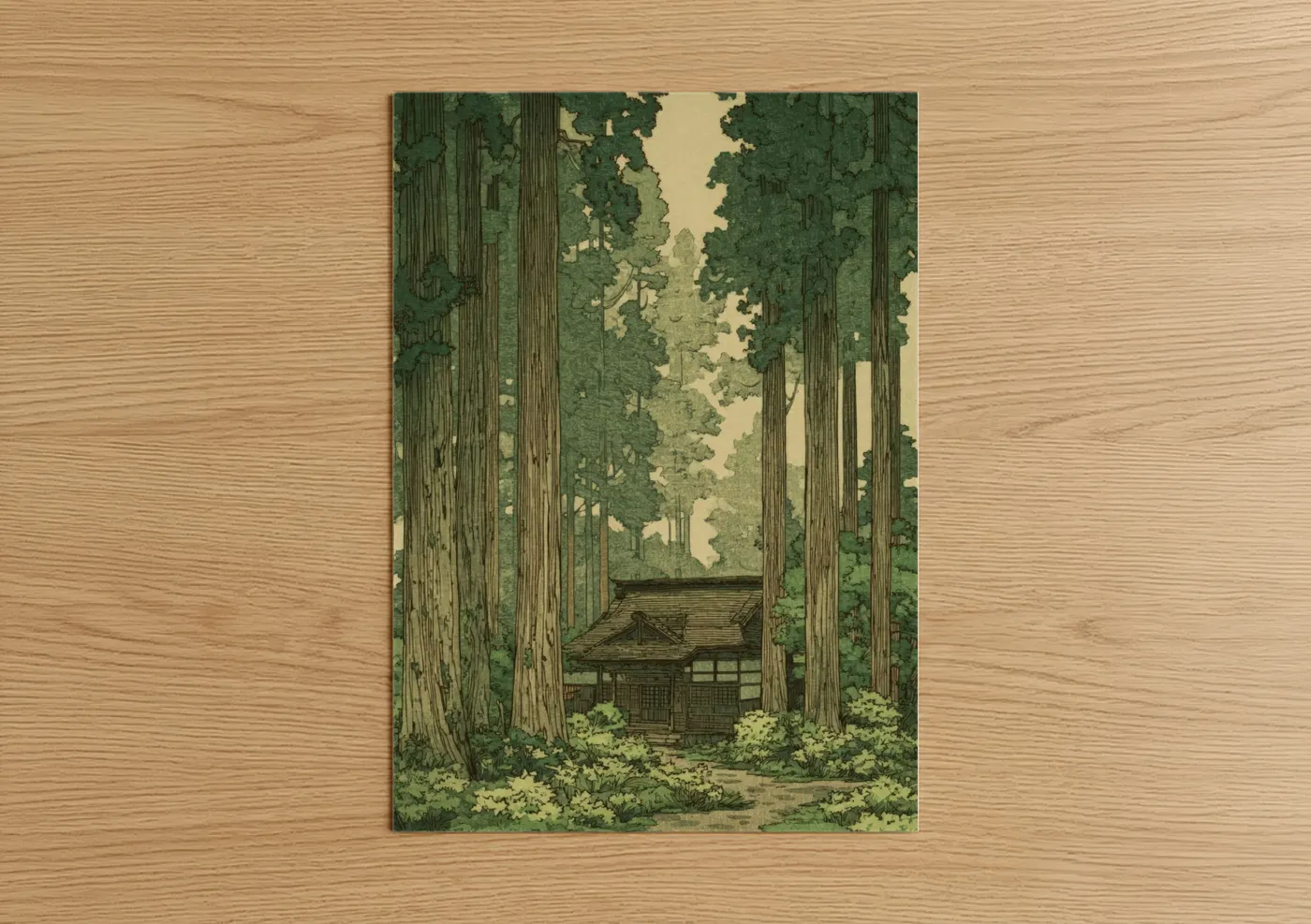 Japanese Cedar Forest Temple Woodblock Wall Art